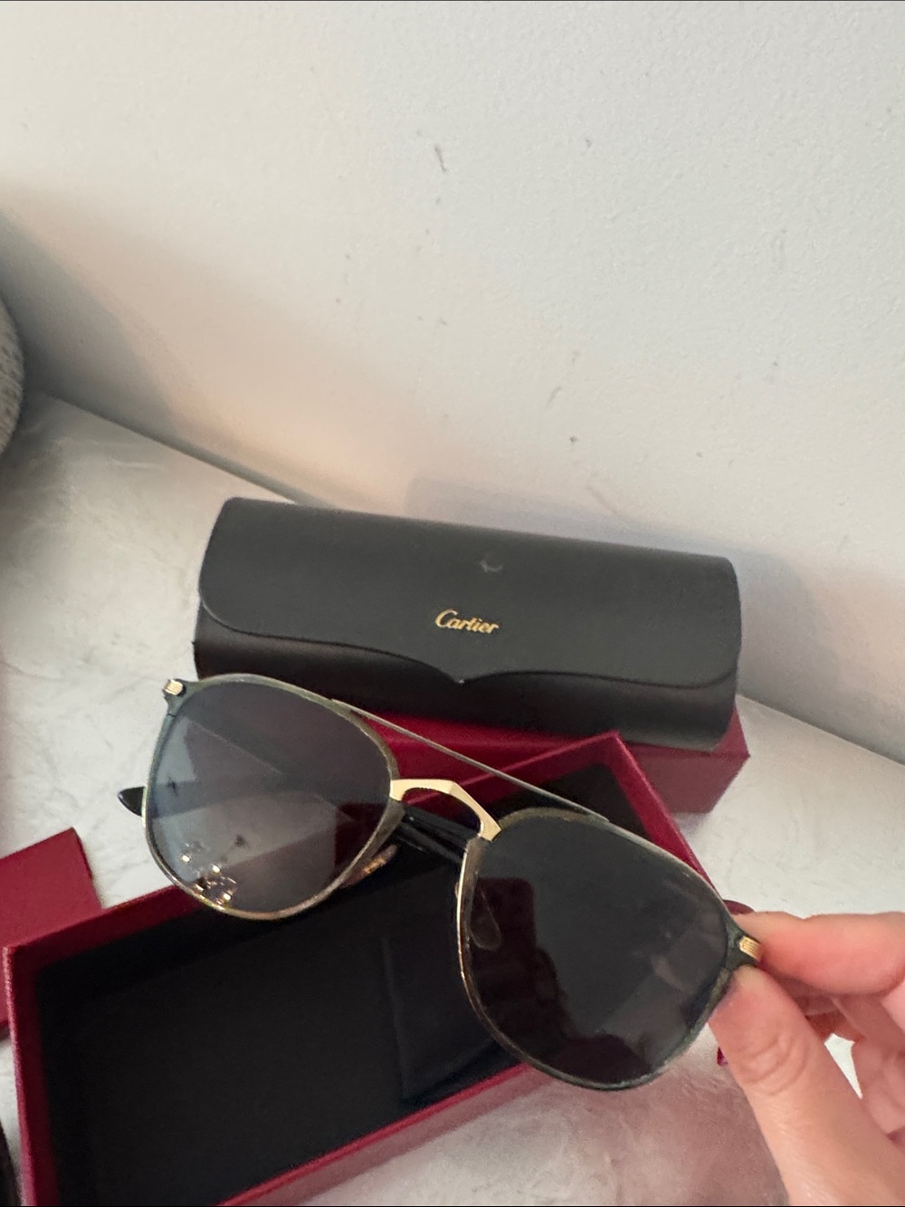 Cartier Women's Black and Gold Pilot Sunglasses